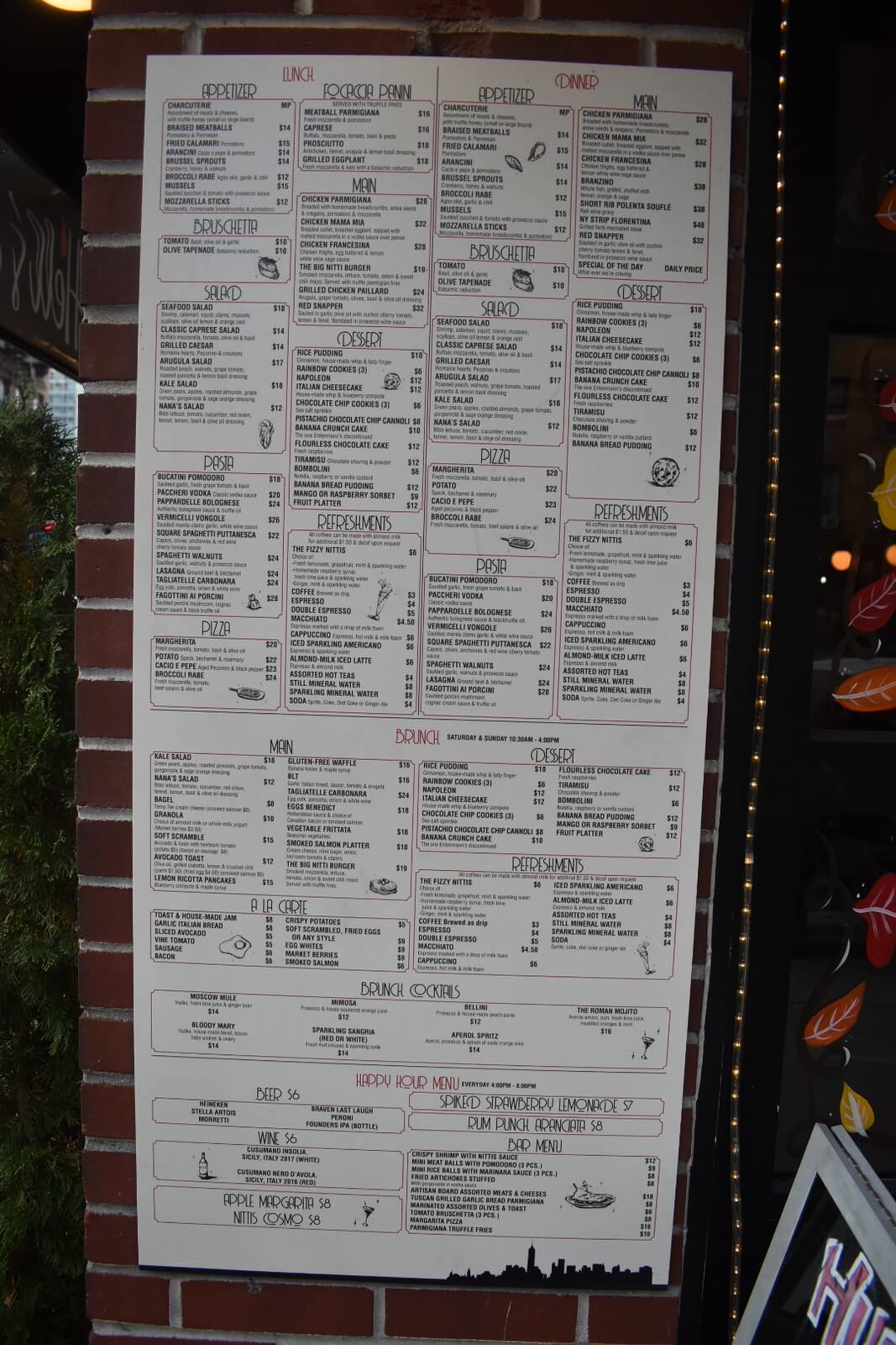 Nitti's full menu as seen displayed on outside